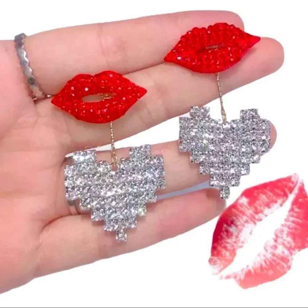 Red Candy Lips White Crystal Hearts Earrings NEW